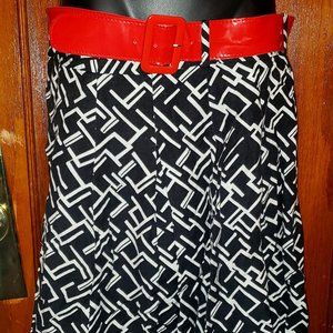 Larry Levine abstract printed Red belted skirt Black and White Size 6